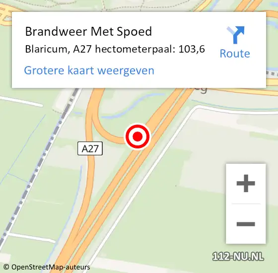 Locatie op kaart van de 112 melding: Brandweer Met Spoed Naar Blaricum, A27 hectometerpaal: 103,6 op 8 juli 2023 12:51