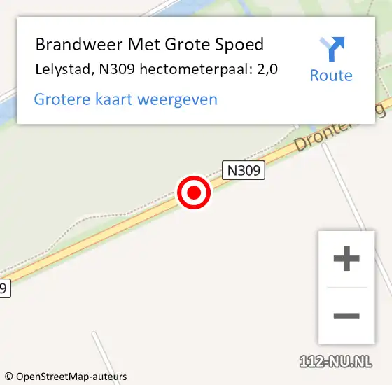 Locatie op kaart van de 112 melding: Brandweer Met Grote Spoed Naar Lelystad, N309 hectometerpaal: 2,0 op 1 september 2014 00:26