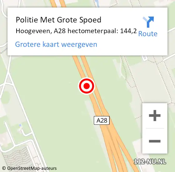 Locatie op kaart van de 112 melding: Politie Met Grote Spoed Naar Hoogeveen, A28 hectometerpaal: 144,2 op 8 juli 2023 13:21