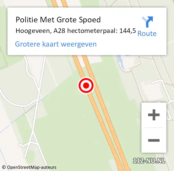 Locatie op kaart van de 112 melding: Politie Met Grote Spoed Naar Hoogeveen, A28 hectometerpaal: 144,5 op 8 juli 2023 13:22