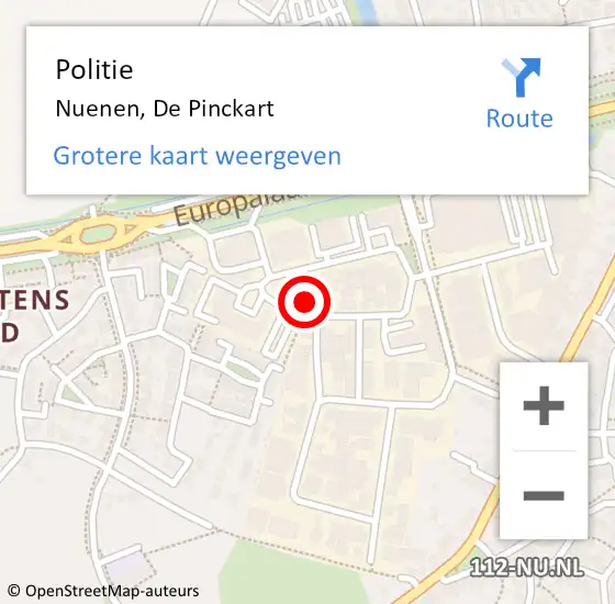 Locatie op kaart van de 112 melding: Politie Nuenen, De Pinckart op 8 juli 2023 16:28