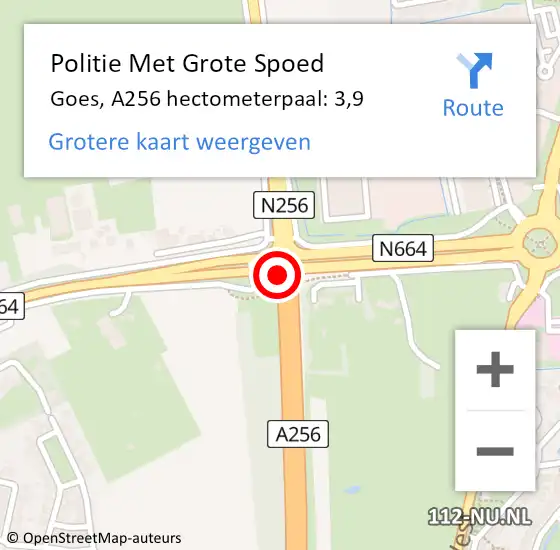 Locatie op kaart van de 112 melding: Politie Met Grote Spoed Naar Goes, A256 hectometerpaal: 3,9 op 8 juli 2023 17:46