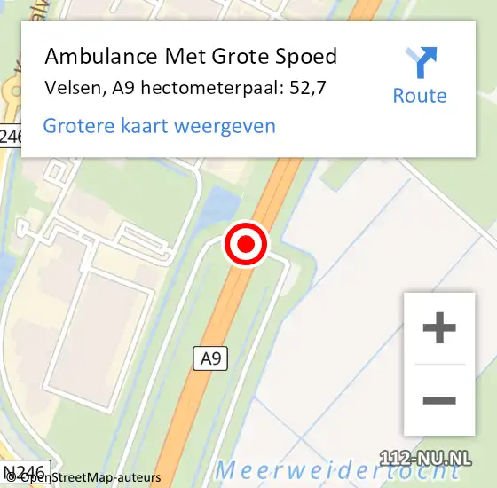 Locatie op kaart van de 112 melding: Ambulance Met Grote Spoed Naar Velsen, A9 hectometerpaal: 52,7 op 8 juli 2023 18:28