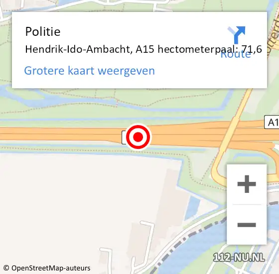 Locatie op kaart van de 112 melding: Politie Hendrik-Ido-Ambacht, A15 hectometerpaal: 71,6 op 8 juli 2023 21:00