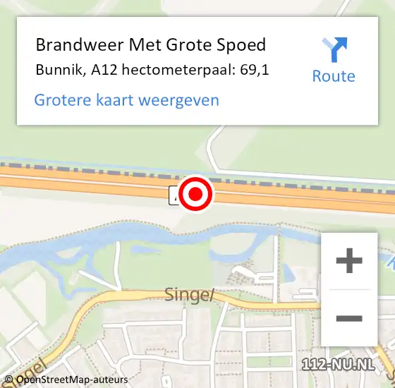 Locatie op kaart van de 112 melding: Brandweer Met Grote Spoed Naar Bunnik, A12 hectometerpaal: 69,1 op 8 juli 2023 21:53