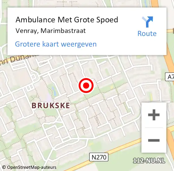 Locatie op kaart van de 112 melding: Ambulance Met Grote Spoed Naar Venray, Marimbastraat op 8 juli 2023 23:45