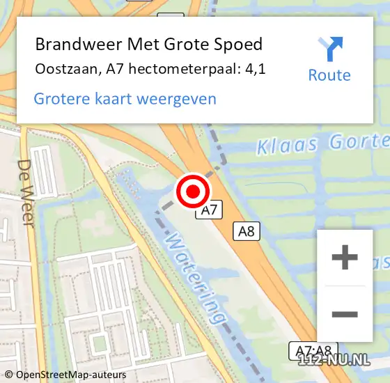 Locatie op kaart van de 112 melding: Brandweer Met Grote Spoed Naar Oostzaan, A7 hectometerpaal: 4,1 op 9 juli 2023 00:04