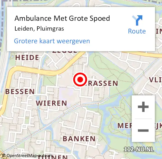 Locatie op kaart van de 112 melding: Ambulance Met Grote Spoed Naar Leiden, Pluimgras op 9 juli 2023 00:19