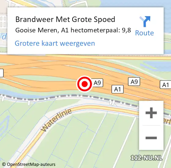 Locatie op kaart van de 112 melding: Brandweer Met Grote Spoed Naar Gooise Meren, A1 hectometerpaal: 9,8 op 9 juli 2023 00:25