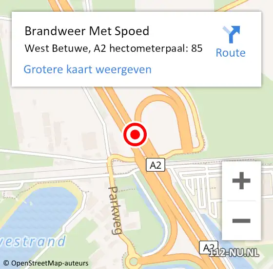 Locatie op kaart van de 112 melding: Brandweer Met Spoed Naar West Betuwe, A2 hectometerpaal: 85 op 9 juli 2023 01:12