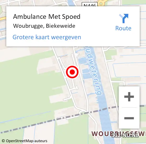 Locatie op kaart van de 112 melding: Ambulance Met Spoed Naar Woubrugge, Biekeweide op 9 juli 2023 06:25