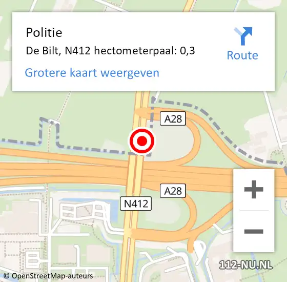 Locatie op kaart van de 112 melding: Politie De Bilt, N412 hectometerpaal: 0,3 op 9 juli 2023 06:55