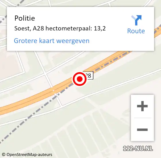 Locatie op kaart van de 112 melding: Politie Soest, A28 hectometerpaal: 13,2 op 9 juli 2023 07:39