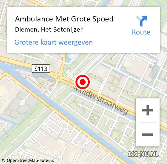 Locatie op kaart van de 112 melding: Ambulance Met Grote Spoed Naar Diemen, Het Betonijzer op 9 juli 2023 08:10