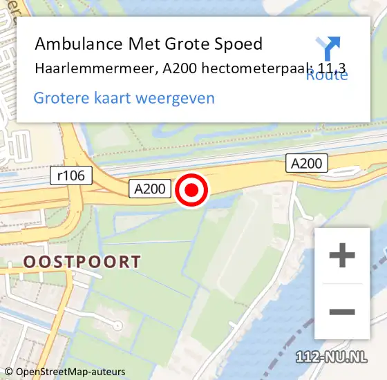 Locatie op kaart van de 112 melding: Ambulance Met Grote Spoed Naar Haarlemmermeer, A200 hectometerpaal: 11,3 op 9 juli 2023 09:21