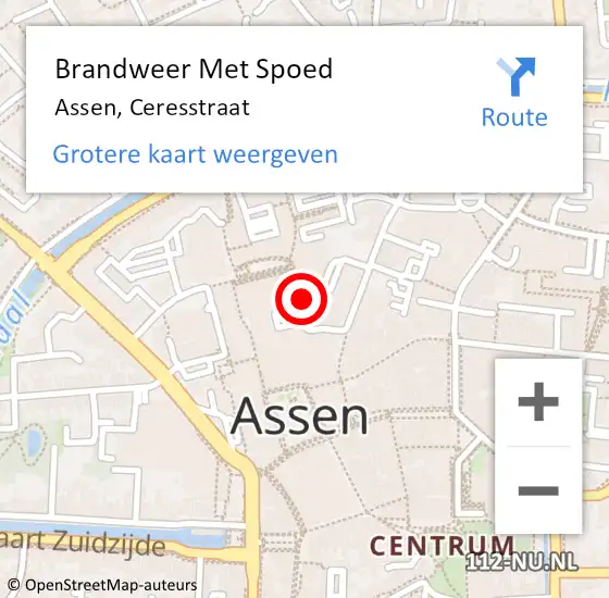 Locatie op kaart van de 112 melding: Brandweer Met Spoed Naar Assen, Ceresstraat op 9 juli 2023 10:43