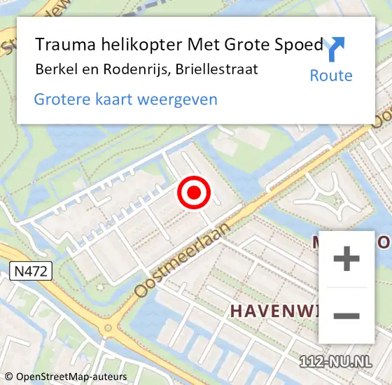 Locatie op kaart van de 112 melding: Trauma helikopter Met Grote Spoed Naar Berkel en Rodenrijs, Briellestraat op 9 juli 2023 11:37