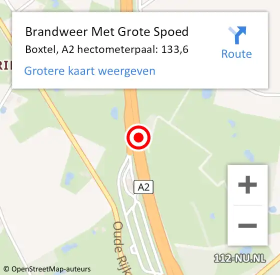 Locatie op kaart van de 112 melding: Brandweer Met Grote Spoed Naar Boxtel, A2 hectometerpaal: 133,6 op 9 juli 2023 13:13