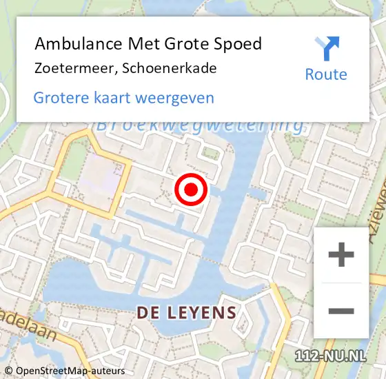 Locatie op kaart van de 112 melding: Ambulance Met Grote Spoed Naar Zoetermeer, Schoenerkade op 9 juli 2023 14:41