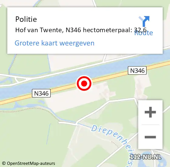 Locatie op kaart van de 112 melding: Politie Hof van Twente, N346 hectometerpaal: 32,6 op 9 juli 2023 14:53