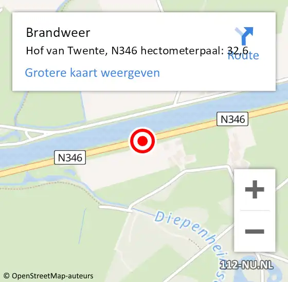 Locatie op kaart van de 112 melding: Brandweer Hof van Twente, N346 hectometerpaal: 32,6 op 9 juli 2023 14:55