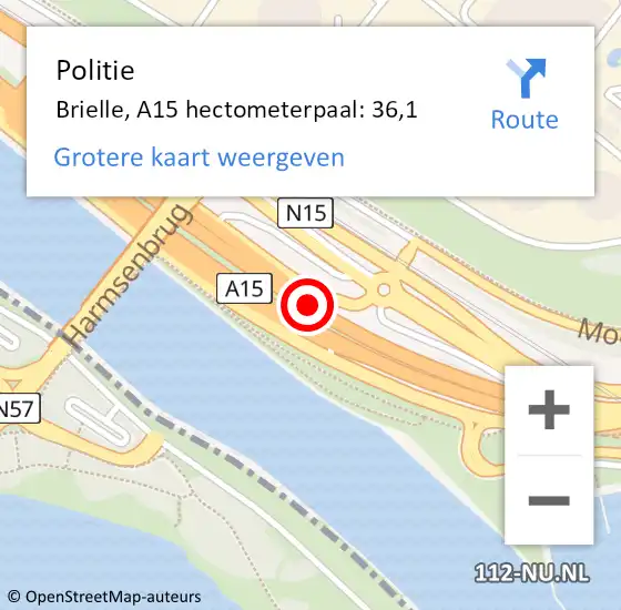 Locatie op kaart van de 112 melding: Politie Brielle, A15 hectometerpaal: 36,1 op 9 juli 2023 14:55