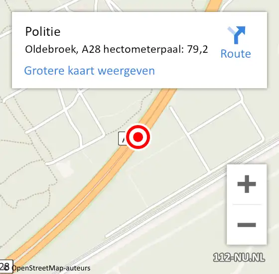 Locatie op kaart van de 112 melding: Politie Oldebroek, A28 hectometerpaal: 79,2 op 9 juli 2023 15:03