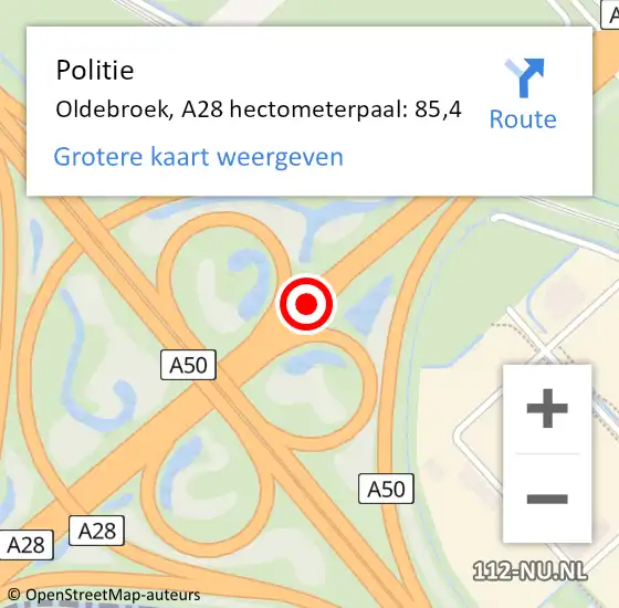 Locatie op kaart van de 112 melding: Politie Oldebroek, A28 hectometerpaal: 85,4 op 9 juli 2023 15:26