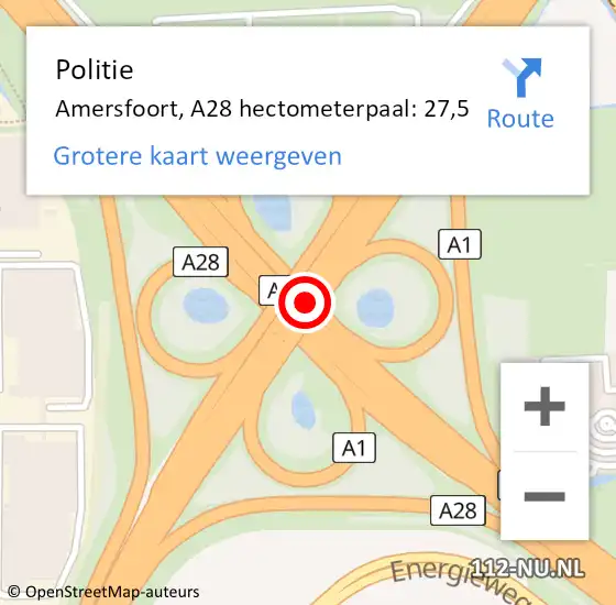 Locatie op kaart van de 112 melding: Politie Amersfoort, A28 hectometerpaal: 27,5 op 9 juli 2023 15:34