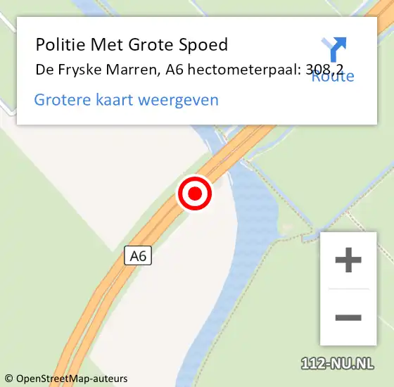 Locatie op kaart van de 112 melding: Politie Met Grote Spoed Naar De Fryske Marren, A6 hectometerpaal: 308,2 op 9 juli 2023 15:47