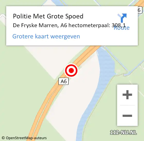 Locatie op kaart van de 112 melding: Politie Met Grote Spoed Naar De Fryske Marren, A6 hectometerpaal: 308,1 op 9 juli 2023 15:51