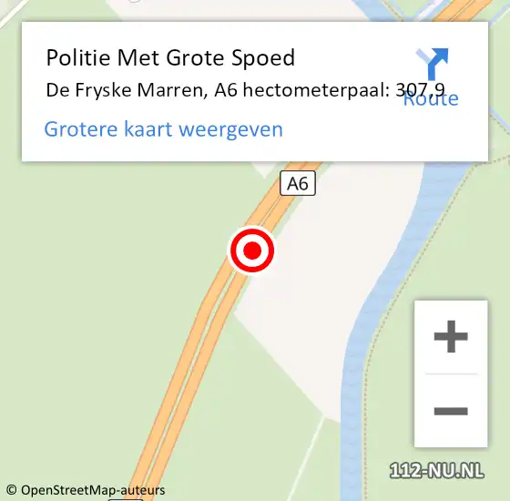 Locatie op kaart van de 112 melding: Politie Met Grote Spoed Naar De Fryske Marren, A6 hectometerpaal: 307,9 op 9 juli 2023 15:53