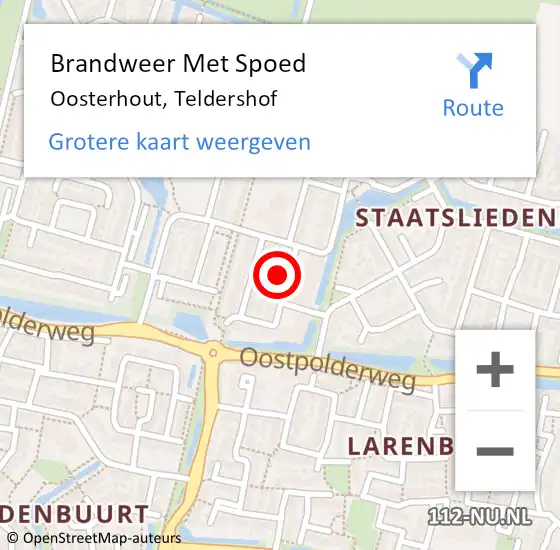 Locatie op kaart van de 112 melding: Brandweer Met Spoed Naar Oosterhout, Teldershof op 9 juli 2023 18:20