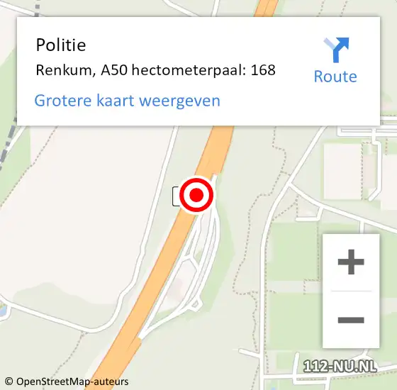 Locatie op kaart van de 112 melding: Politie Renkum, A50 hectometerpaal: 168 op 9 juli 2023 19:00