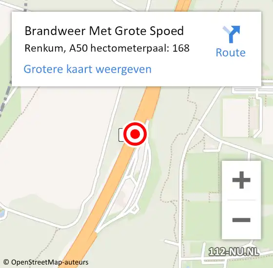 Locatie op kaart van de 112 melding: Brandweer Met Grote Spoed Naar Renkum, A50 hectometerpaal: 168 op 9 juli 2023 19:01