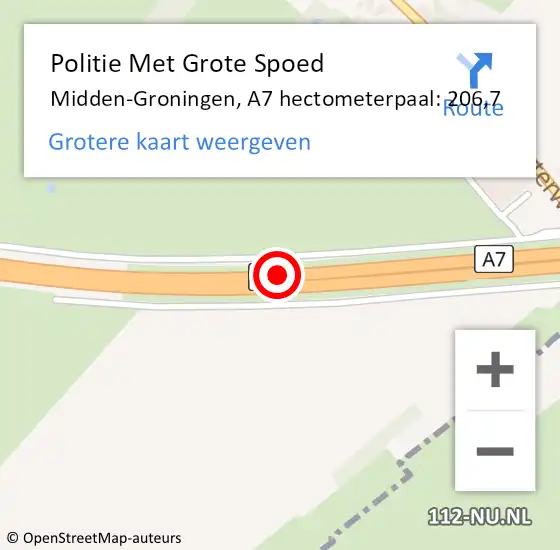 Locatie op kaart van de 112 melding: Politie Met Grote Spoed Naar Midden-Groningen, A7 hectometerpaal: 206,7 op 9 juli 2023 19:28