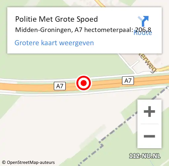Locatie op kaart van de 112 melding: Politie Met Grote Spoed Naar Midden-Groningen, A7 hectometerpaal: 206,8 op 9 juli 2023 19:30
