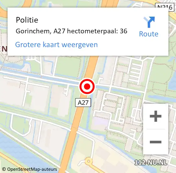 Locatie op kaart van de 112 melding: Politie Gorinchem, A27 hectometerpaal: 36 op 9 juli 2023 19:31