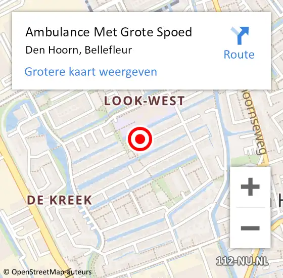 Locatie op kaart van de 112 melding: Ambulance Met Grote Spoed Naar Den Hoorn, Bellefleur op 9 juli 2023 21:24
