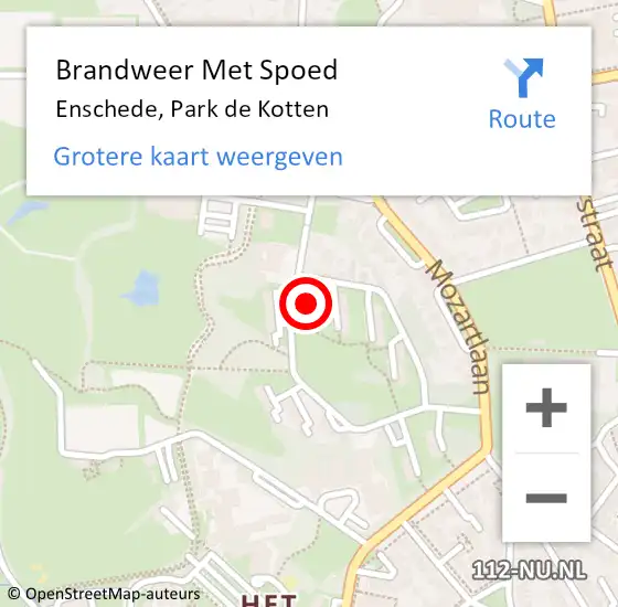 Locatie op kaart van de 112 melding: Brandweer Met Spoed Naar Enschede, Park de Kotten op 9 juli 2023 22:03