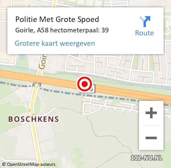 Locatie op kaart van de 112 melding: Politie Met Grote Spoed Naar Goirle, A58 hectometerpaal: 39 op 9 juli 2023 22:41