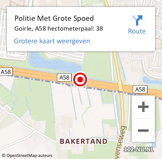 Locatie op kaart van de 112 melding: Politie Met Grote Spoed Naar Goirle, A58 hectometerpaal: 38 op 9 juli 2023 22:44