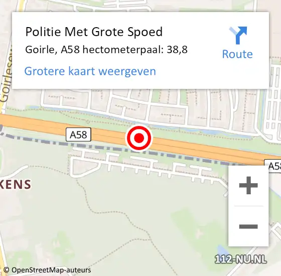 Locatie op kaart van de 112 melding: Politie Met Grote Spoed Naar Goirle, A58 hectometerpaal: 38,8 op 9 juli 2023 22:45