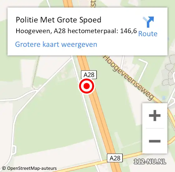 Locatie op kaart van de 112 melding: Politie Met Grote Spoed Naar Hoogeveen, A28 hectometerpaal: 146,6 op 10 juli 2023 07:38