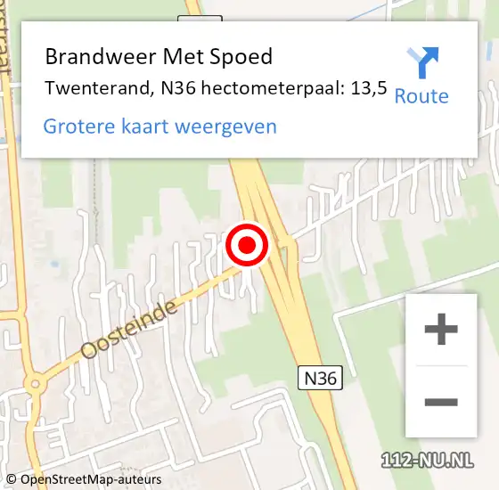 Locatie op kaart van de 112 melding: Brandweer Met Spoed Naar Twenterand, N36 hectometerpaal: 13,5 op 10 juli 2023 07:51