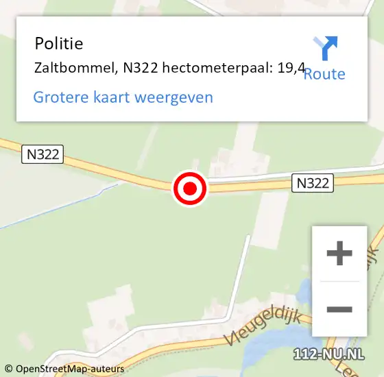 Locatie op kaart van de 112 melding: Politie Zaltbommel, N322 hectometerpaal: 19,4 op 10 juli 2023 08:40