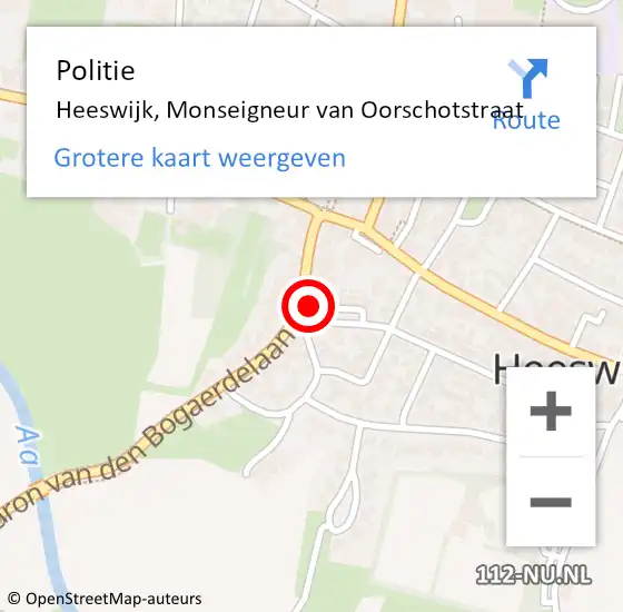 Locatie op kaart van de 112 melding: Politie Heeswijk, Monseigneur van Oorschotstraat op 10 juli 2023 08:57