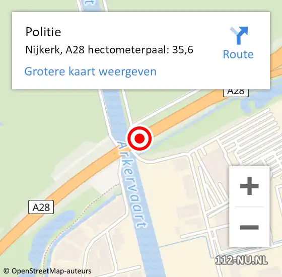 Locatie op kaart van de 112 melding: Politie Nijkerk, A28 hectometerpaal: 35,6 op 10 juli 2023 10:57