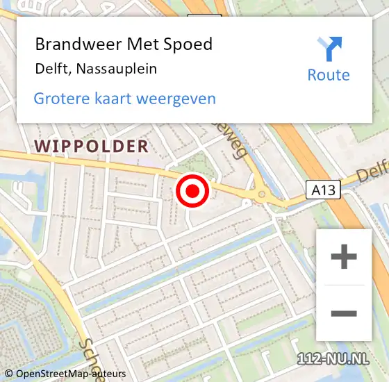 Locatie op kaart van de 112 melding: Brandweer Met Spoed Naar Delft, Nassauplein op 10 juli 2023 14:44