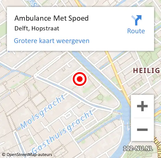 Locatie op kaart van de 112 melding: Ambulance Met Spoed Naar Delft, Hopstraat op 10 juli 2023 15:01